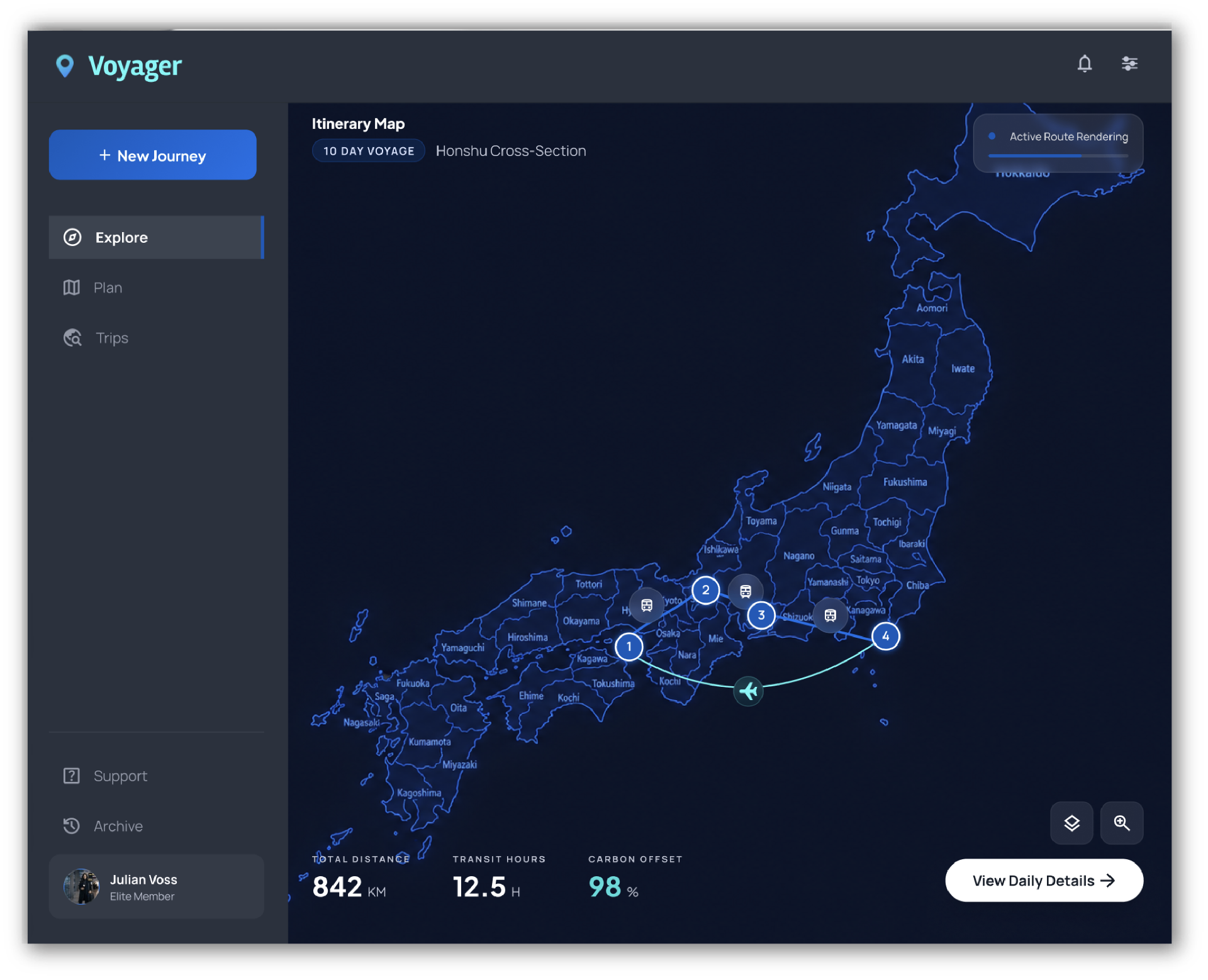 Voyager AI map-based travel planning interface