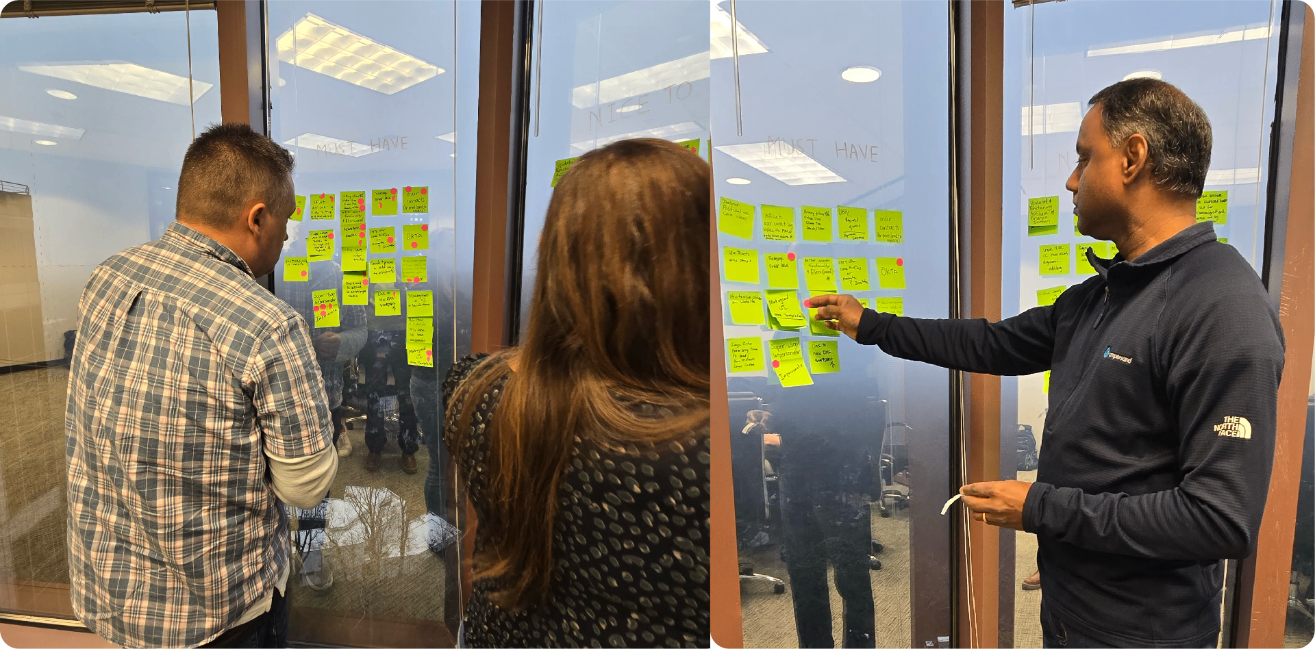 Affiliate workshop voting session with sticky notes on glass wall