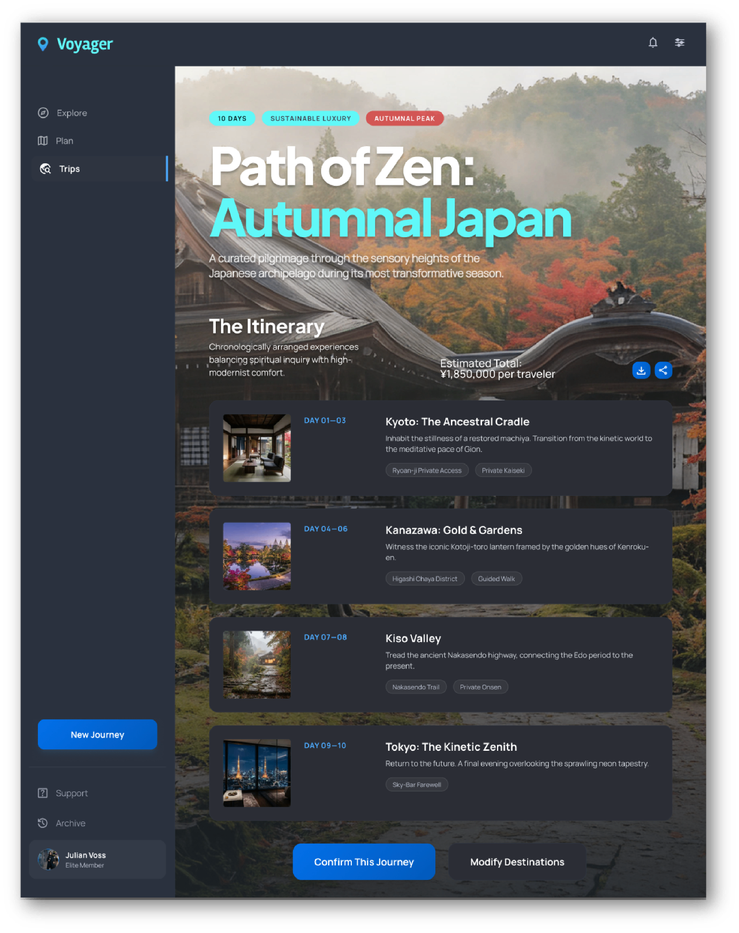 Voyager AI generated itinerary screen