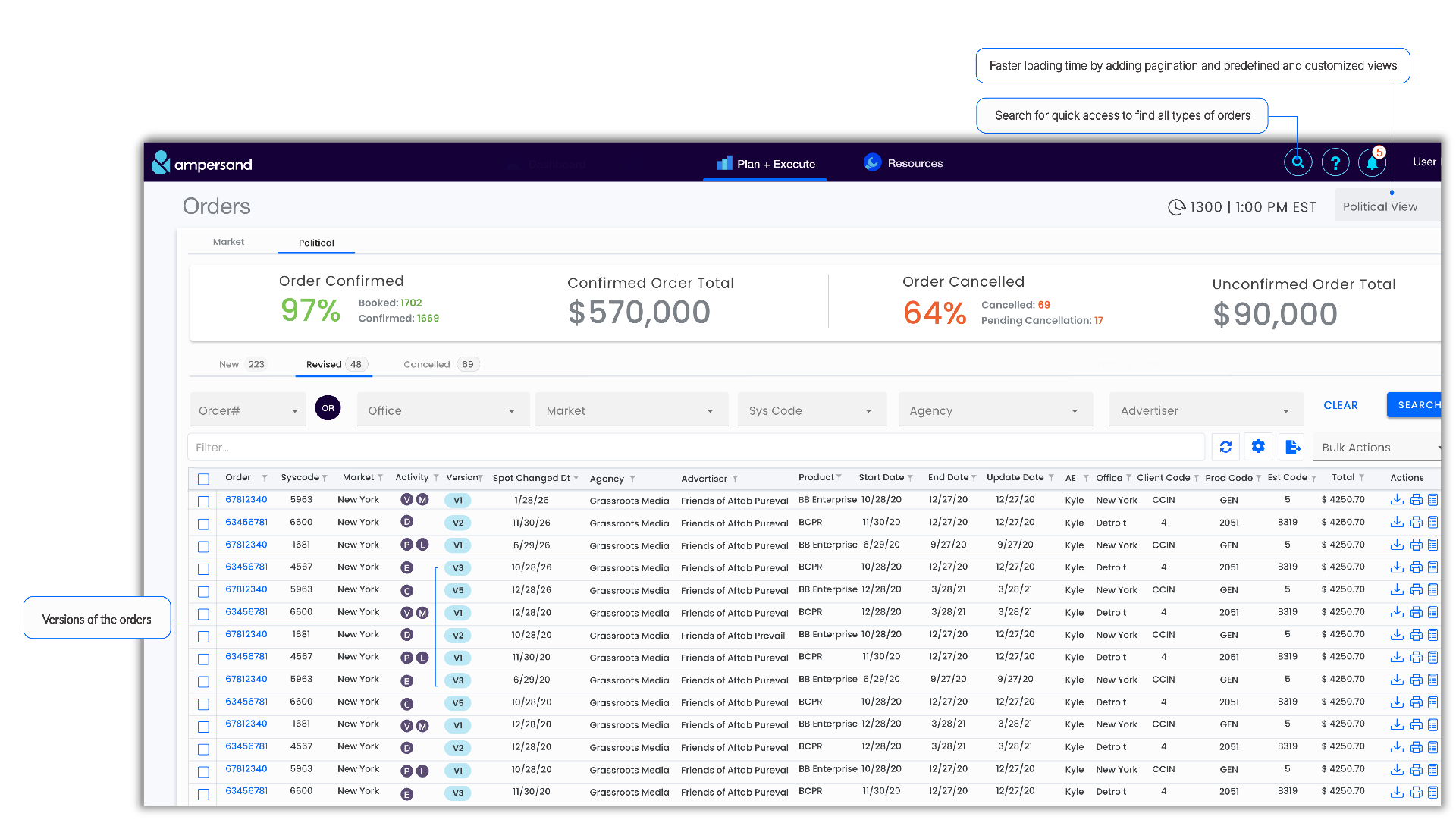 Revised orders tab with filters and pagination